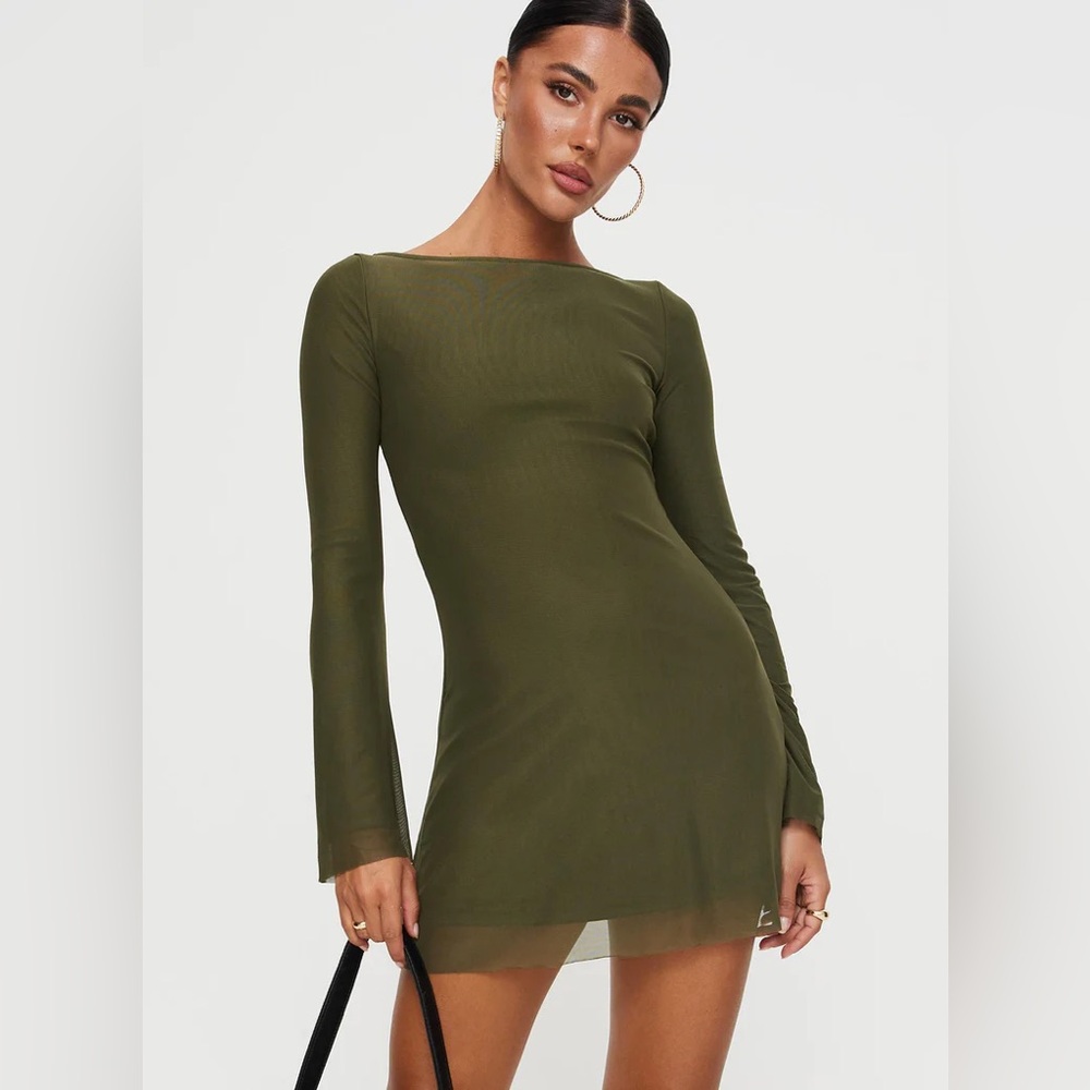 Princess Polly Lukea Long Sleeve Mesh Mini Dress Olive